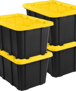 Sterilite 4-Pack 27 Gallon Industrial Storage Tote. Heavy-Duty Plastic Bins. Black/Yellow - Stackable Utility Organizers with Lids for Garage. Camping Tools. and Outdoor Gear